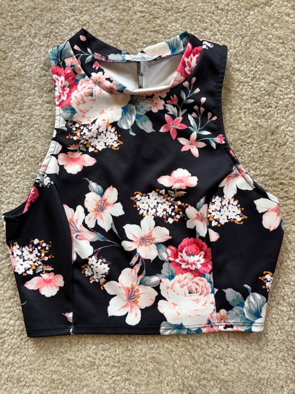 Vintage Charlotte Russe Black Floral Mock Neck open Back Crop Tank Top